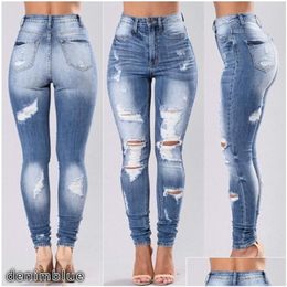 Womens Jeans Fashion Pencil Skinny Denim Pants Women Washed Stretch Mid Waist Hole Ripped Hollow Out S-3Xl Drop Delivery Apparel Cloth Dhtyr