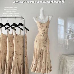 Casual Dresses Chinese Style Fashionable Retro Slim Fit Suspender Dress For Women's Summer Print Sleeveless