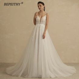 Dryers Bepeithy Deep V Neck Spaghetti Straps A Line Lace Wedding Dresses for Women 2022 Glittler Sleeveless Boho Bridal Party Gown