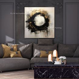 Gold Circle Black White 100% Handmade Textured Canvas Painting Abstract Oil Painting Wall Decor For Living Room Office Wall Art As Best Gift