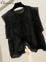 Women's Blouses Fashionable Lace Solid Colour Splicing Pullover Sleeveless Shirt 2024 Summer Casual Graceful Loose Tops Blouse