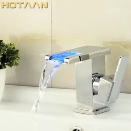 Bathroom Sink Faucets . LED Copper Chrome Waterfall Faucet Basin And Cold Mixer Brass Lavatory Tap Torneira YT-5060