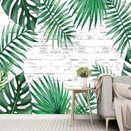 Wallpapers Milofi Custom Large 3D Wallpaper Mural Nordic Simple Brick Wall Green Banana Leaf Background Decoration