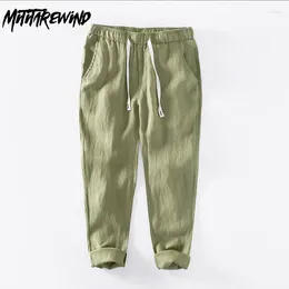 Men's Pants Summer Linen Daily Casual Joggers Men Drawstring Elastic Waist Straight Ankle-length Trousers Simple Versatile