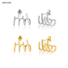 Earrings ANDYWEN 100% 925 Sterling Silver Gold 13MM *16MM Circle Hoop Huggies Piercing Rock Punk Luxury Zircon CZ Pendiente Jewellry