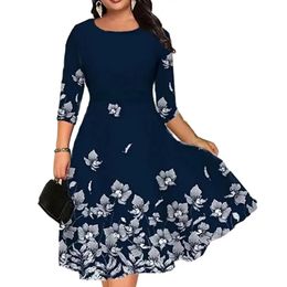 Plus Size Summer Dres Oneck 34 Sleeve Butterflies Flower Printing Waist Tight Loose ALine Elegant Casual Midi Dress 240319