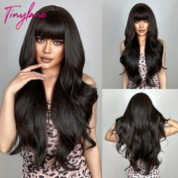 Wigs Dark Black Brown Long Wavy Synthetic Hair Wig with Bangs for Women Afro Natural Body Wave Cosplay Daily Wigs Heat Resistant