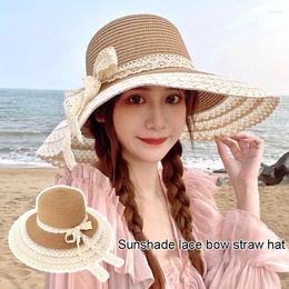 Wide Brim Hats Summer Straw Women Lace Bowknot Sunscreen Hat Large Wedding Beach UV Protection Cap Elegant Trendy Breathable