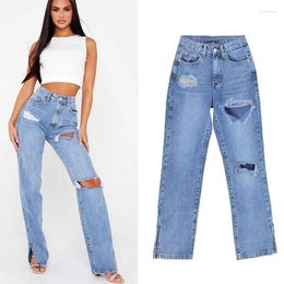 Women's Jeans Ripped Straight High Waisted Split Basic Style Blue For Women Leisure Comfortable Denim S-2XL Plus Size Pants