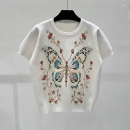 Women's T Shirts 24 Round Neck White Butterfly Embroidered T-shirt Fashion Designer Short Sleeved Pullover Leisure Soft High End Clothing