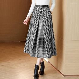 Skirts Vintage Houndstooth Thicken Winter Wool A-Line Skirt Long 2024 Elegant Fashion Plaid Warm Woollen Saias Longas Femme