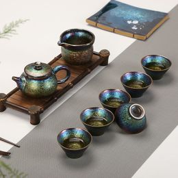 Shangke Ceramic Kung Fu Tea Set Obsidian Change Tianmu Glaze Kiln Change Building Set Colorful Peacock Glaze Tea Set