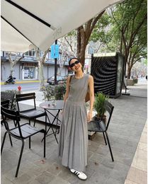 Casual Dresses Preppy Style Grey Dress Women Fashion Pleated Sleeveless For Students Elegant Long