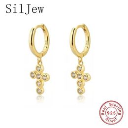 Hoop & Huggie SilJew 925 Sterling Silver Dangling Cross Earrings Cubic Zirconia Jewelled Various Pendant Drop Dangle Gift300z