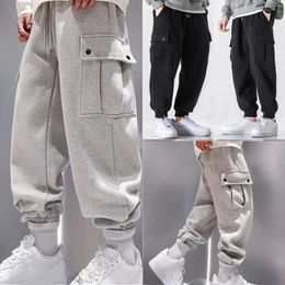 Men's Pants Autumn Winter Men Solid Color Fleece Jogger Sweatpants Drawstring Mid Waist Fitting Casual Wild Beam Feet Cargo Trousers Daily