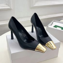 gold-tone metal toe Genuine Leather Pumps Slingback stiletto heels Square Toes Slip-on women's Fashion high heeled Luxury Designers Evening Party shoes