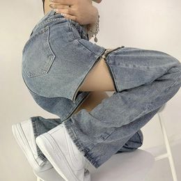 Women's Jeans Blue Y2K Style High Waist American Hollow Wide Leg Pants Hip-hop Fashion Retro Autumn And Winter Straight