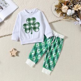 Clothing Sets CitgeeSpring St. Patrick's Day Toddler Girls Pants White Long Sleeve Sweatshirt Clover Plaids Print