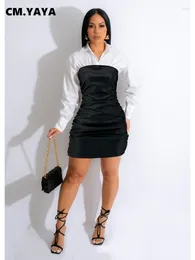 Casual Dresses CM. Dress For Women 2024 Spring Full Sleeve Office Lady High Waist Spliced Black White Mini Sexy Street