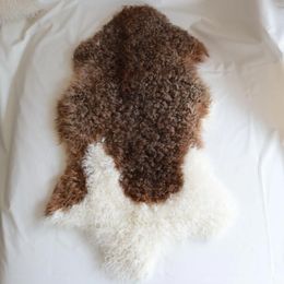 Carpets SCMR01 Short Curly Tibetan Sheepskin Throw Unique Natural Brown White Colour Mongolian Lamb Fur Skin Rug