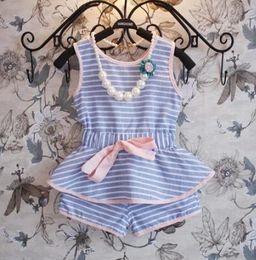 Summer children outfits sets lady style stripe kids twopiece set Pure and fresh wathet blue girls clothing sets fit 27age ab17168981063