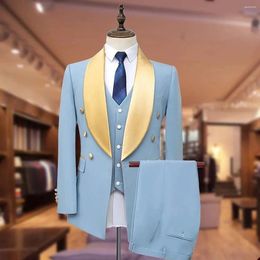 Men's Suits Light Sky Blue Suit Double Breasted Male Blazer Sets Tuxedos Shawl Lapel Wedding Groom Wear With Vest Jacket And Pants