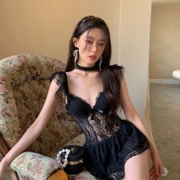 Suits Wisuwore 2023 French Fairy Van Lace New Onepiece Dress Swimsuit Women's Vneck Solid Color Thai Vacation Swimsuit.