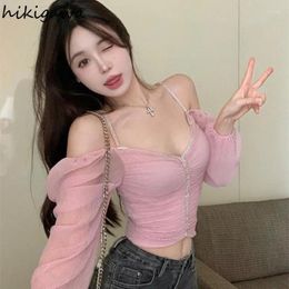 Women's Blouses Slash Neck Blouse For Women 2024 Blusas Mujer De Moda Long Sleeve Tunic Shirts Sexy Crop Tops Chiffon Folds Sweet Pink