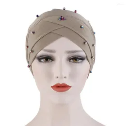 Ethnic Clothing Women Muslim Hijab Beads Chemo Cap Bonnet Strech Hair Loss Hat Underscarf Arab Beanies Turban Cover Soild Color Femme Head