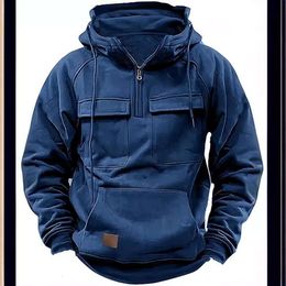 New Designer Sweaters Sell Well Mens Hooded Solid Color Hoodie for Autumn and Winter Youth Sports Multi Pocket Patch Leather Jacket