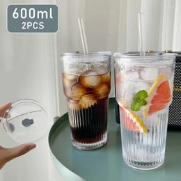 Wine Glasses 2pcs 600ml Stripe Glass Cup With Lid And Straw Transparent Drinking For Iced Coffee Juice Water Cups Drinkware Mug