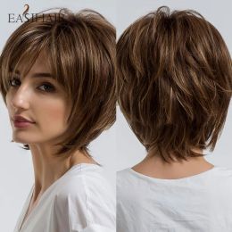 Wigs EASIHAIR Short Honey Brown Synthetic Wigs for Women Layered Natural Hair Wigs Free Part Short Hair Daily Wig Heat Resistant