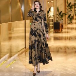 Casual Dresses Women Chinese Style Print Long Dress Spring Autumn Fashion Small V-Neck Sleeve Slim Elegant Overlength