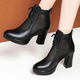Boots Women Black Mesh Ankle High Heel Lace Up Outwear Footwear Classic Thick Heels Breathable Autumn Winter Cool Botas