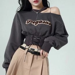 Cropped Sweatshirt Women Streetwear Fashion Tops Korean Long Sleeve Off Shoulder Bandage Pullovers sweet Y2k Sweatshirts 240326