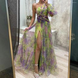 Casual Dresses Sexy A-line Evening Gown Tie-dye Print Off-shoulder Dress Elegant One Shoulder Ball With Mesh Bubble Sleeve Split