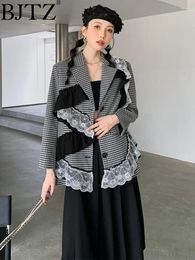 Women's Suits BJTZ Designer Lace Spliced Plaid Blazer Coat For Notched Collar Temperament Suit Jacket Female 2024 Trendy