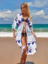 Cover-ups Long Kimono Women Tunic For Beach Swimsuit Cover Up Print Belt Beachwear Bobe De Plage Pareo Summer Dress