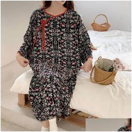 Womens Sleepwear Round Neck Long Sleeve Pyjama Dress Chinese Colorf Print Nightgown Thin Cotton Silk Home Wear For Lady In Spring Drop Dhk8I