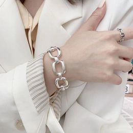 Charm Bracelets Personality Square Block Ring Buckle Bracelet Metal Temperament Clasp Western Style Korean Silver Color