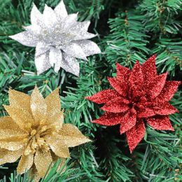 Decorative Flowers 10Pcs/Set Christmas Tree Fake Poinsettia Plastic Sparkling Artificial Flower Reusable Double Layer