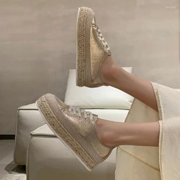 Casual Shoes 2024 Spring And Autumn Lace Up Fashion Flatsole Coloured Sequins Large Thick Sole Women's Vulcanised 35-43