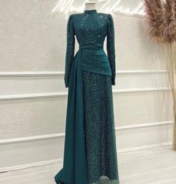 Gorgeous Beads Sequins Evening Dresses Muslim High Neck Long Sleeves Ruffle Women Formal Party Prom Gowns Met Gala