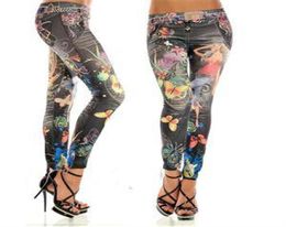 Elastic Anklelength Slim Punk Style Faux Denim Pencil Pants Sexy Women Leggings Butterfly Flower Printed Imitation Jeans9500146