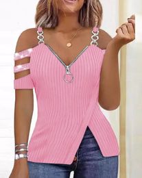 Fashion Y2K Womens Top Summer Casual Rhinestone Decoration Zipper Details Split Bottom Cold Shoulder Basic Slim T-Shirt 240325