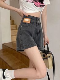 Zoki Harajuku Grey Women Denim Shorts Korean Preppy Style Casual Wide Leg Summer High Waist Fashion Buttons 240402