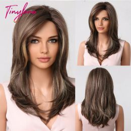 Wigs Long Straight Brown Mixed Blonde Synthetic Hair Wig with Bangs for Women Black Gray Red MidLength Wigs Natural Cosplay Hair