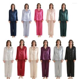 Home Clothing Solid Color Pajamas Suit Shirt Trousers Outfit V-Neck Clothes Women Silky Satin Sleepwear Pyjamas Set