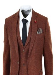 2020 Rust Herringbone Tweed 3 Piece Suit Mens Suits Wool Vintage Suit Wool Tweed Suit 3 Piece Jacket Vest Pants Custom Wedding Tux9256649