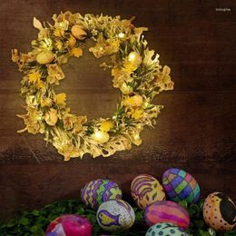 Decorative Flowers Easter Spring Wreath 2024 With LED Light Cute Decorations Artificial And Eggs For Front Door